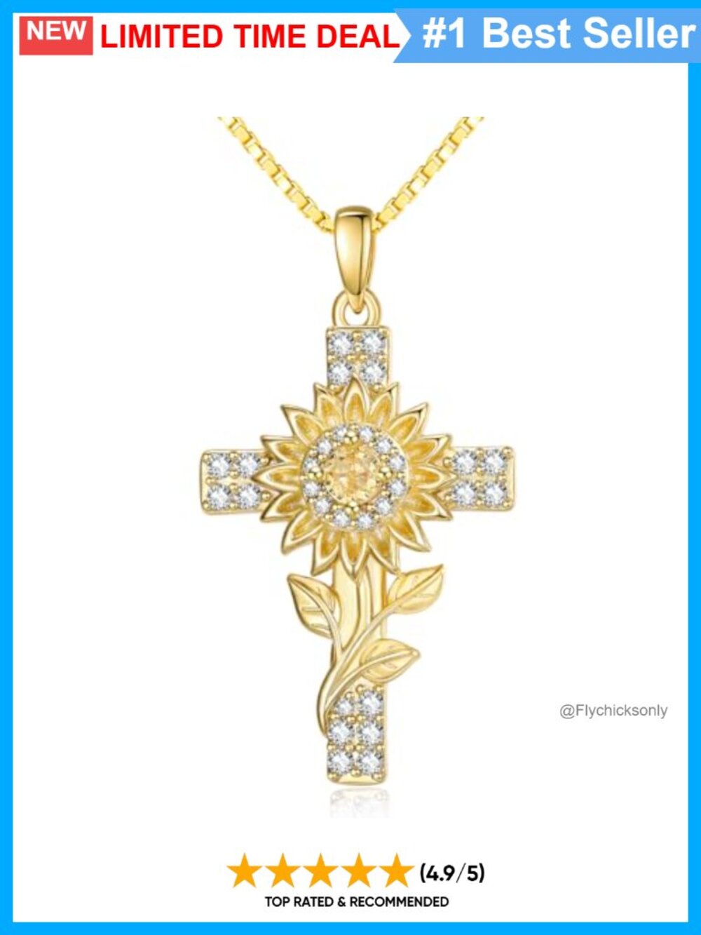 14K Gold Plated Sunflower Cross Pendant Necklace Adjustable